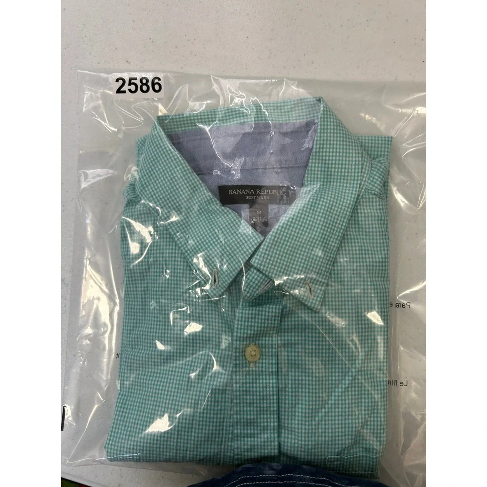 Banana Republic‎ Soft Wash Mens Medium Teal Gingham Short Sleeve Button Down